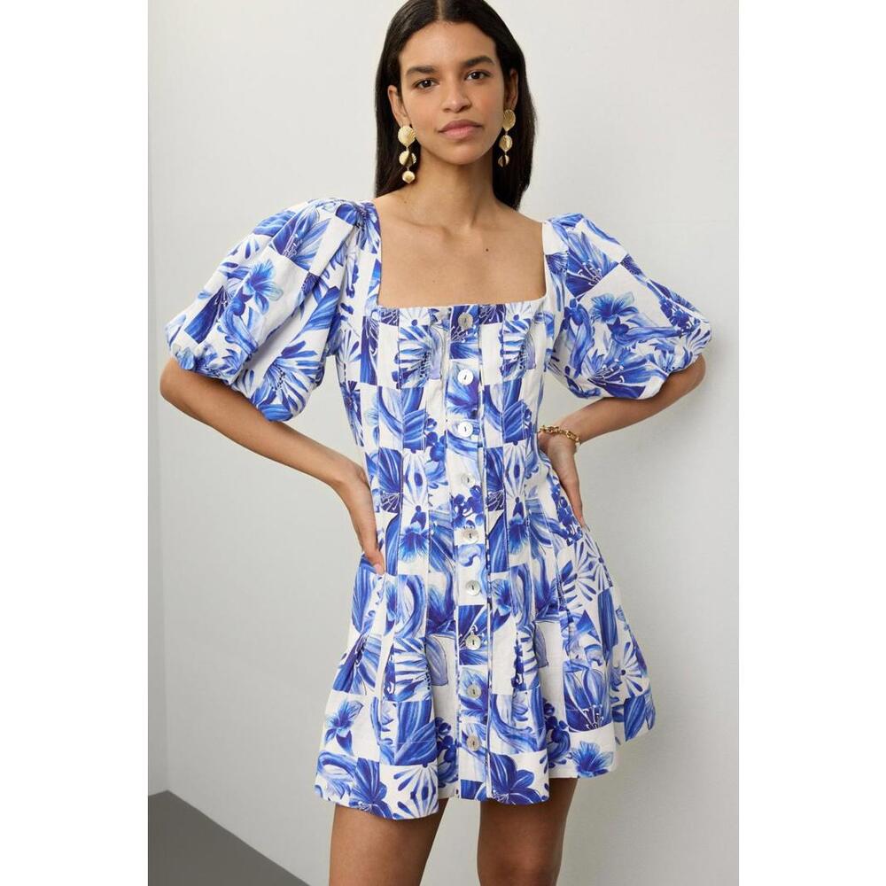 FARM Rio Garden Tiles Off-White Mini Dress Size S Button Damage & Missing Button